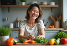 Aliments minceur : quels aliments manger à volonté sans grossir ? Femme souriante préparant un plateau de légumes frais dans la cuisine