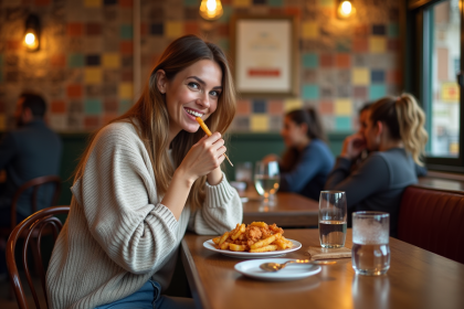 Femme dégustant des patatas bravas dans un bar à Barcelone