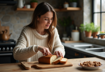 Pain cétogène : impact sur le poids et la santé, tous les secrets révélés ! Femme tranchant pain keto maison dans la cuisine