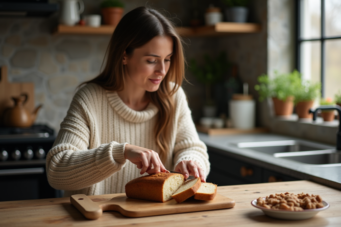 femme-tranchant-pain-keto Femme tranchant pain keto maison dans la cuisine