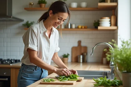 Femme souriante en cuisine tranchant des haricots verts frais