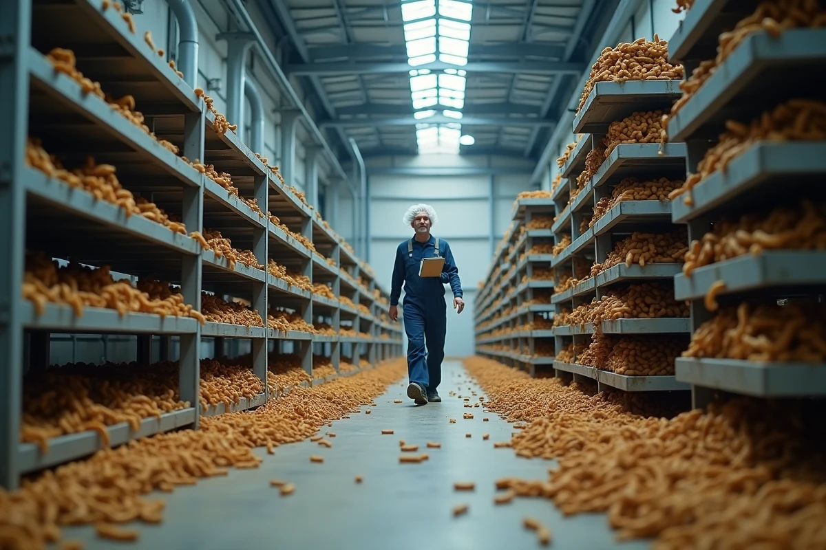 Vue intérieure d'une ferme industrielle d'insectes farines avec rangées de bacs d'élevage et ouvrier en surveillance