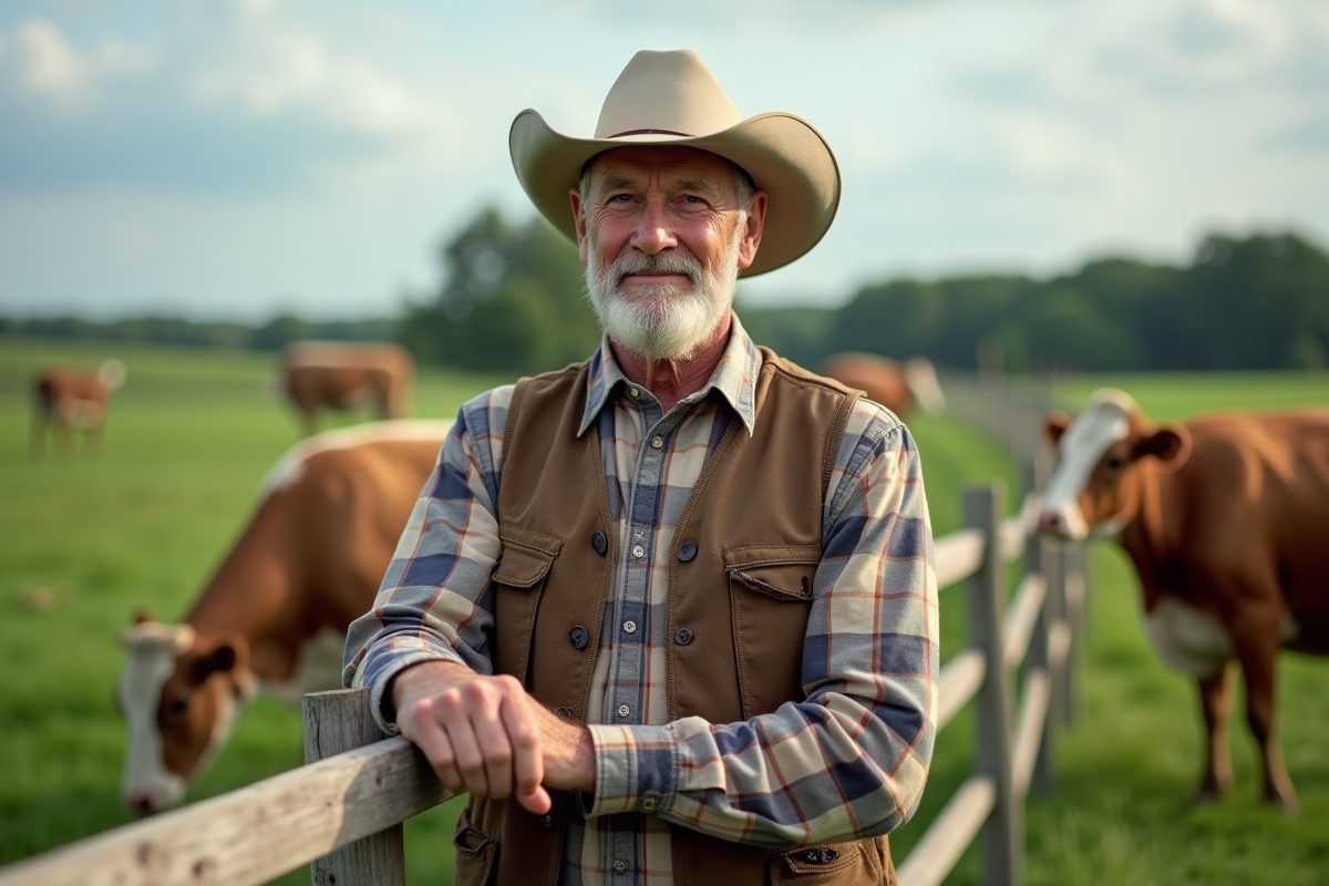 Fermier dans un champ avec vaches et clôture en bois