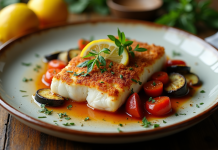 Assiette de filet de cod au chorizo avec légumes frais et citron