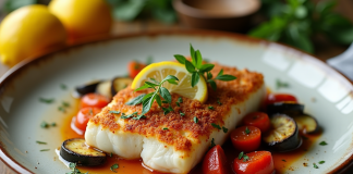 Assiette de filet de cod au chorizo avec légumes frais et citron