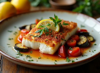 Assiette de filet de cod au chorizo avec légumes frais et citron