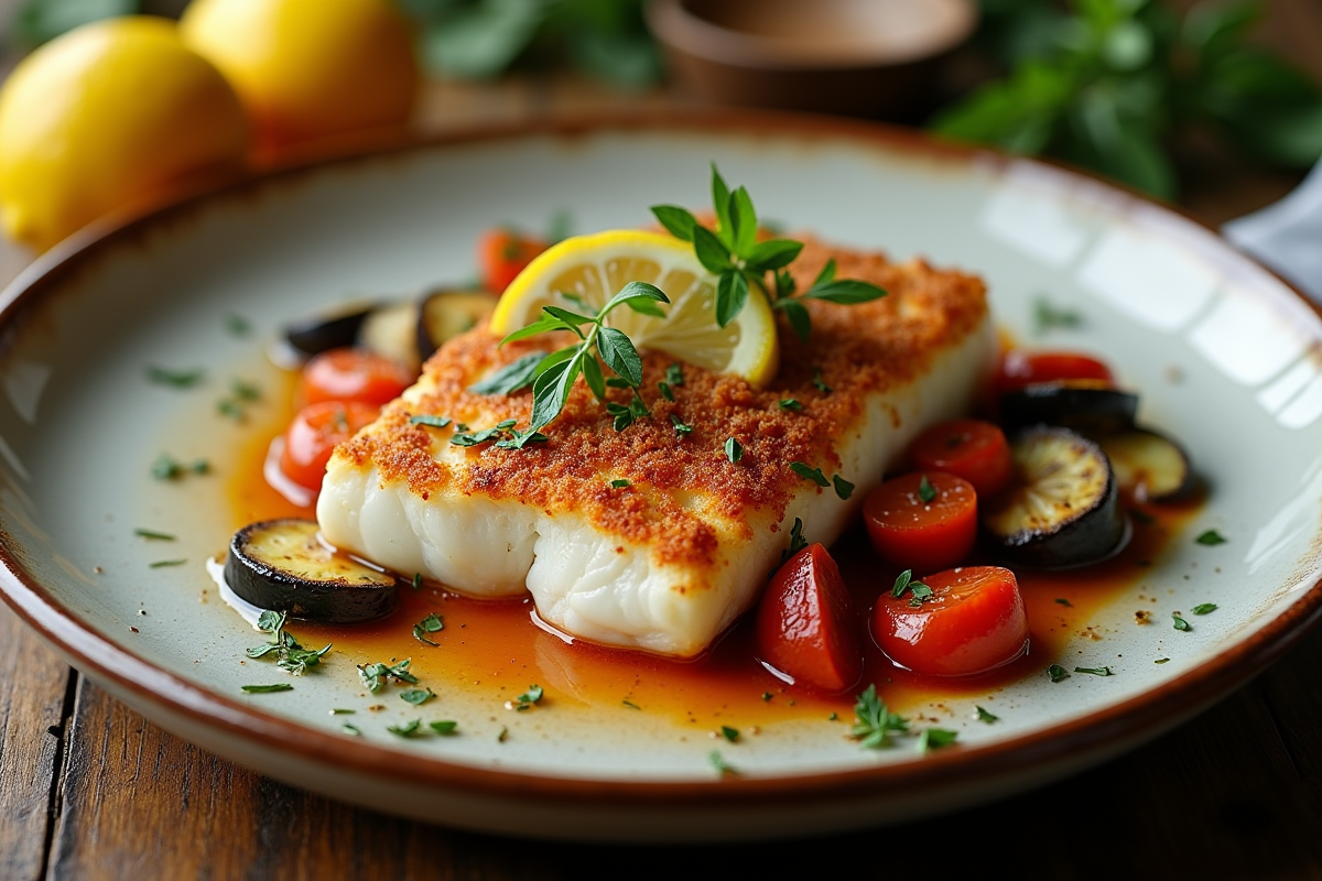 Assiette de filet de cod au chorizo avec légumes frais et citron