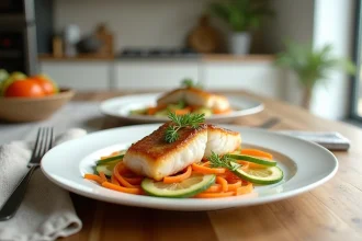 Filet de julienne cuit au four accompagné de légumes juliennés sur une assiette blanche, présentation soignée pour un repas léger et sain