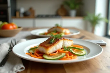 Filet de julienne cuit au four accompagné de légumes juliennés sur une assiette blanche, présentation soignée pour un repas léger et sain