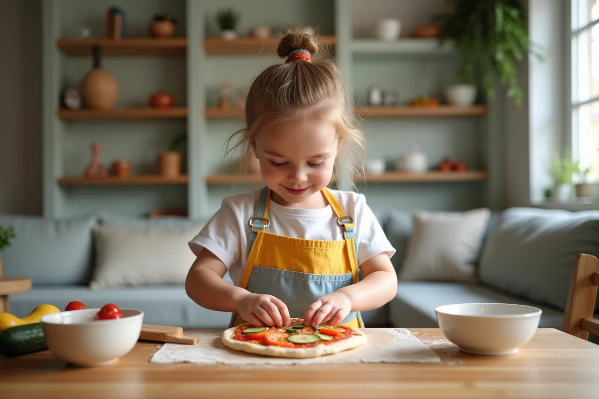 Fille de 4 ans fa&ccedil;onnant sa mini pizza &agrave; la courgette