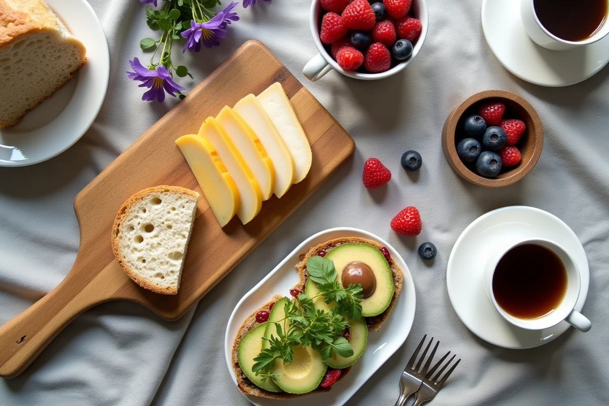 Vue de dessus d'un brunch élégant à partager avec fromages, toasts à l'avocat, baies fraîches et fleurs comestibles sur nappe en lin gris