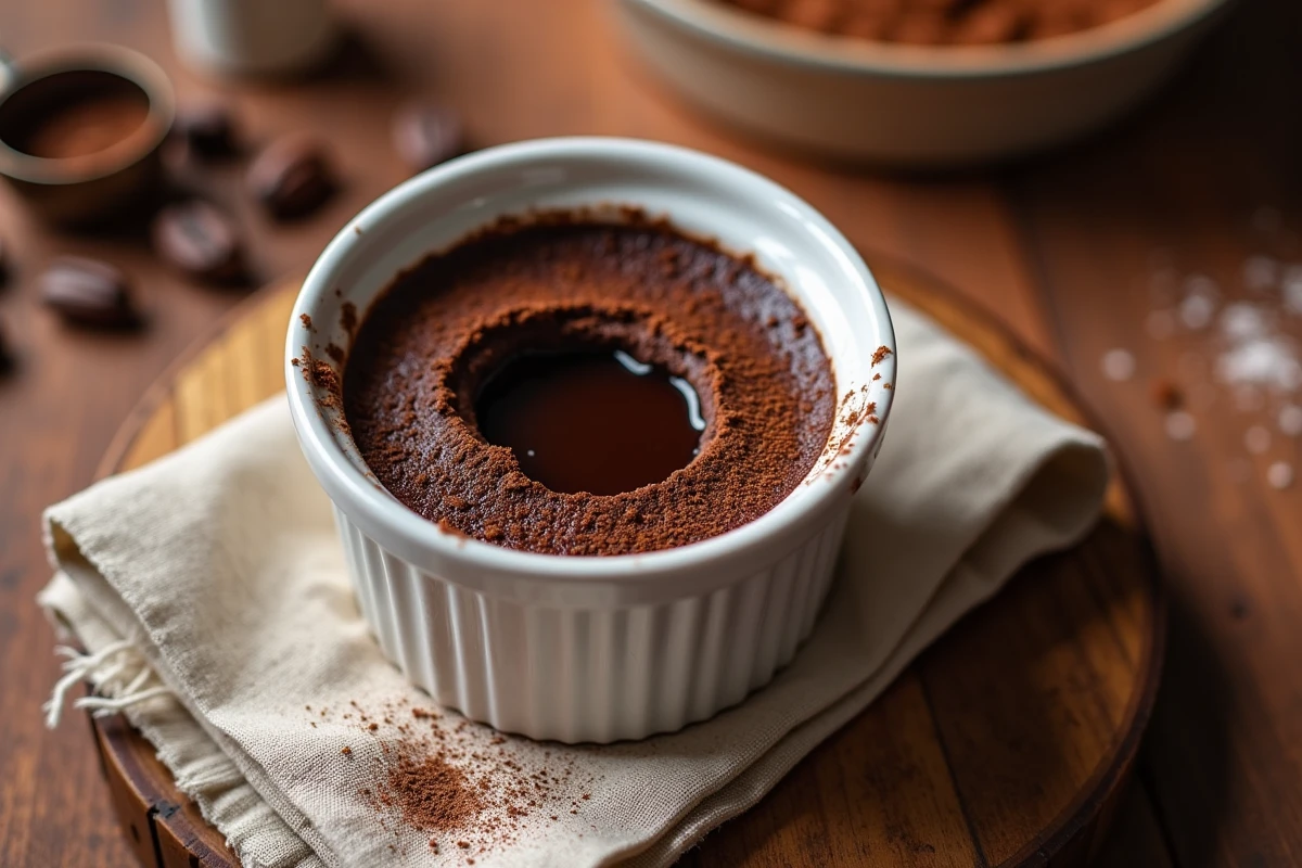 Fondant au chocolat maison dans un ramequin blanc avec cœur coulant révélé, vu de dessus sur une table en bois rustique