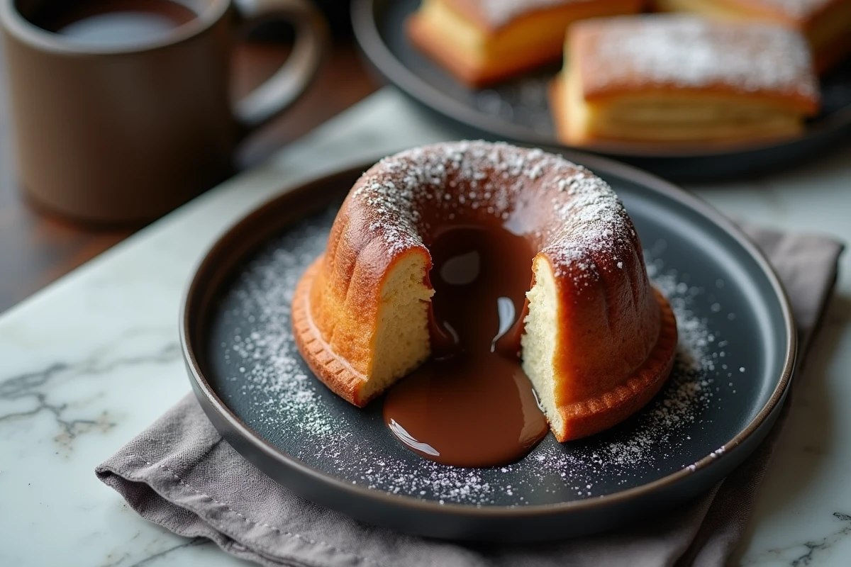 Gros plan sur un fondant au chocolat fondu sur une planche en ardoise