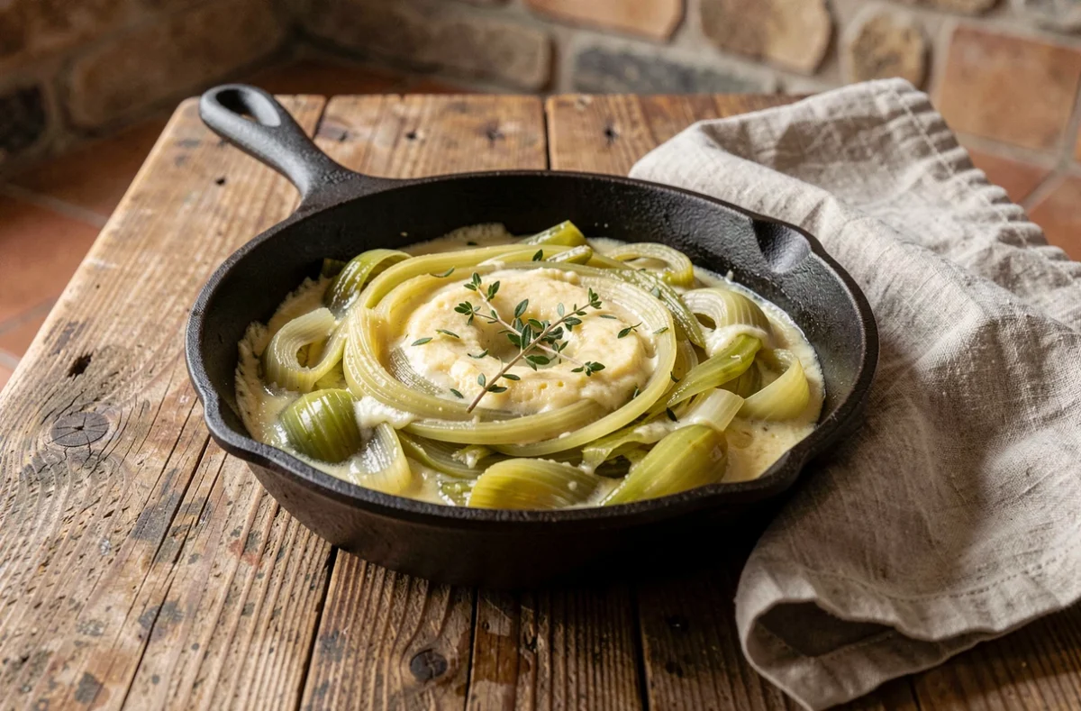 Fondue de poireaux à l'ancienne dans une poêle en fonte sur une table en chêne rustique, avec du thym frais