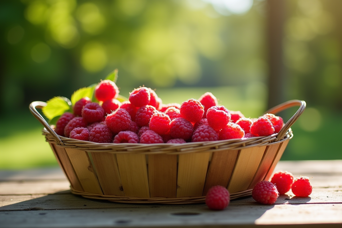 Framboises et groseilles dans un panier en bois en plein air