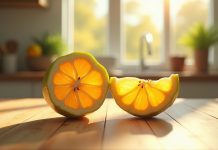 Starfruit coupée en deux sur une table en bois lumineux