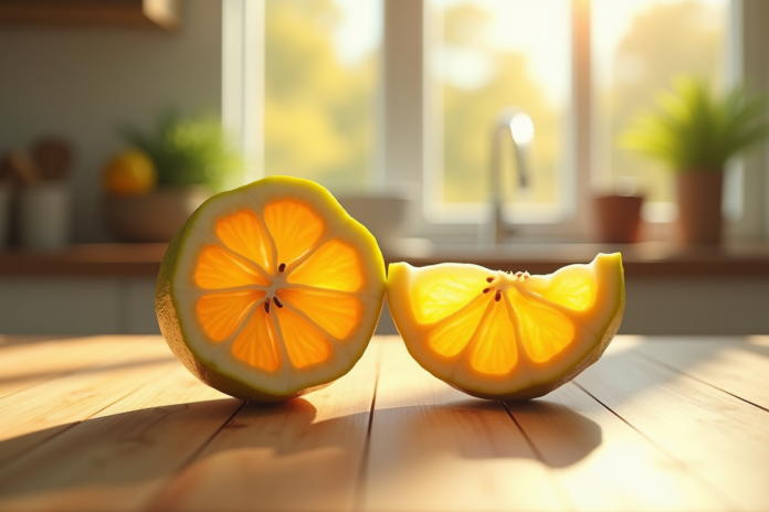 Starfruit coupée en deux sur une table en bois lumineux