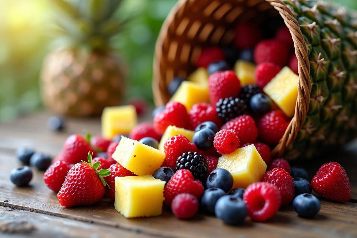 Fruits rouges et ananas dans un panier en bois