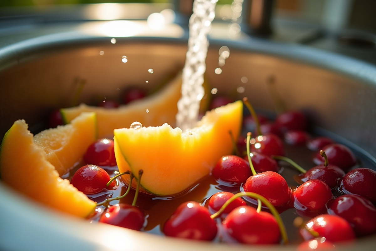 Fruits frais cantaloupe cerises et groseilles sous l
