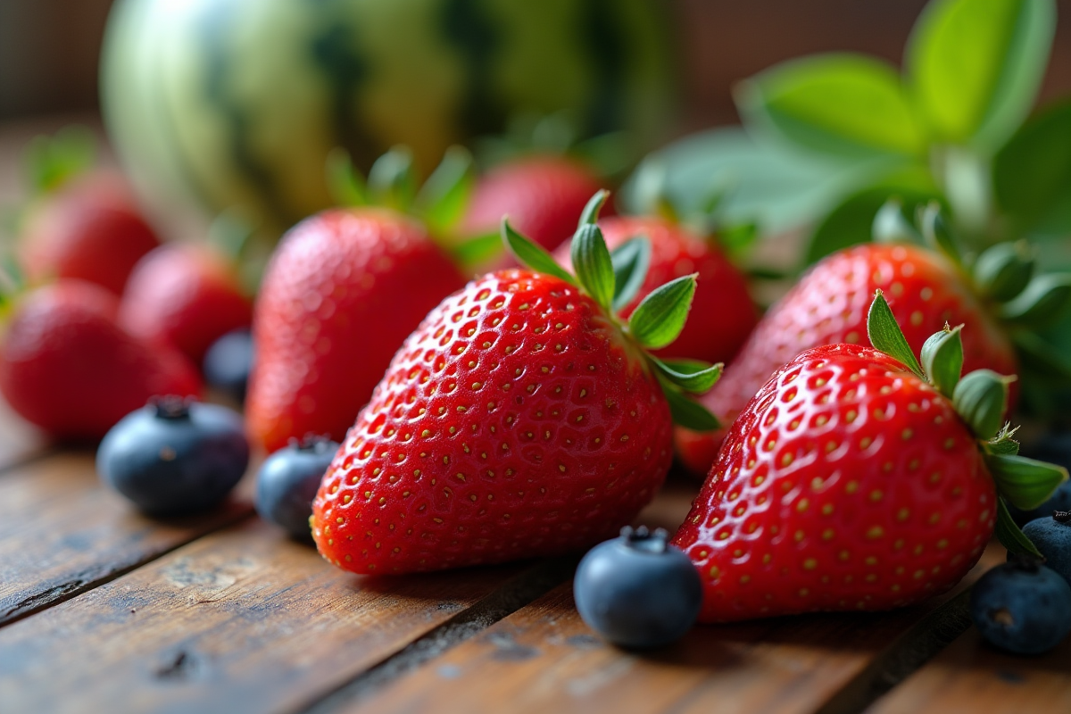 Fruits variés faibles en calories comme fraises et myrtilles
