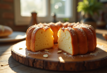 Gâteau basque aux amandes frais sur une table en bois