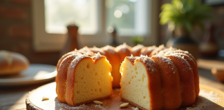 Gâteau basque aux amandes frais sur une table en bois