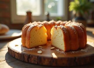 Gâteau basque aux amandes frais sur une table en bois