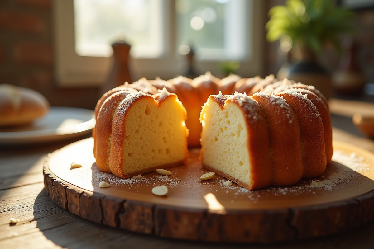 Gâteau basque aux amandes frais sur une table en bois