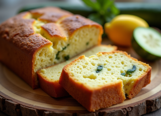 Gâteau de courgette et chèvre tranché sur planche rustique