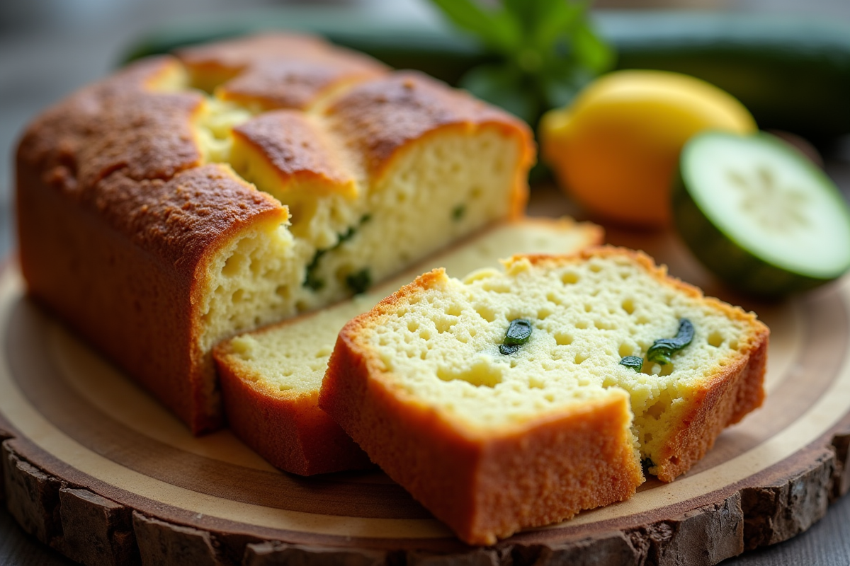 Gâteau de courgette et chèvre tranché sur planche rustique