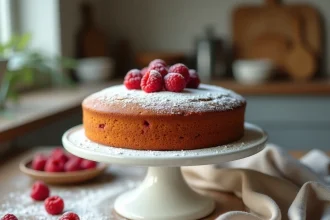 Gâteau à la framboise façon pâtisserie posé sur un présentoir en céramique blanche avec des framboises fraîches et du sucre glace
