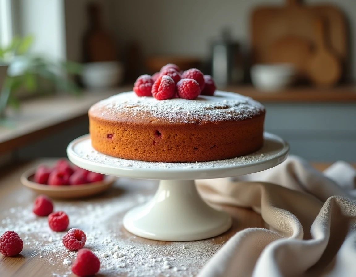 Gâteau à la framboise façon pâtisserie posé sur un présentoir en céramique blanche avec des framboises fraîches et du sucre glace