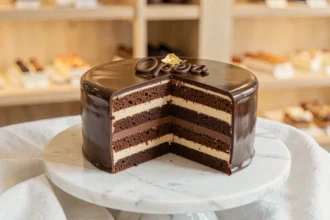 Gâteau Opéra classique avec couches visibles de biscuit Joconde, crème au beurre café et ganache chocolat sur comptoir en marbre blanc