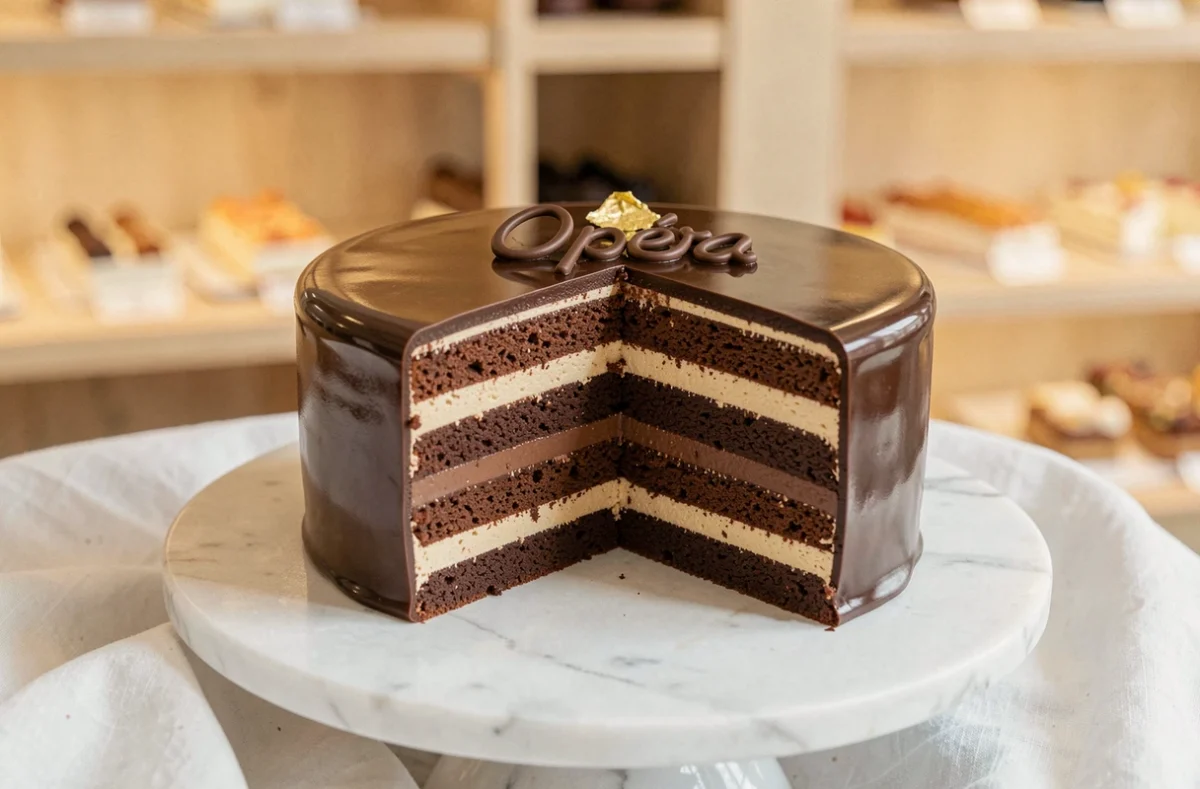 Gâteau Opéra classique avec couches visibles de biscuit Joconde, crème au beurre café et ganache chocolat sur comptoir en marbre blanc