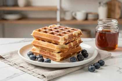 Gaufres croustillantes sans lactose empilées sur une assiette blanche avec myrtilles fraîches et sirop d'érable, sur un plan de travail en marbre