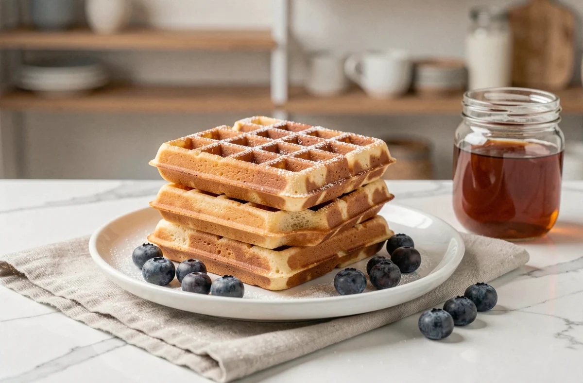 Gaufres croustillantes sans lactose empilées sur une assiette blanche avec myrtilles fraîches et sirop d'érable, sur un plan de travail en marbre