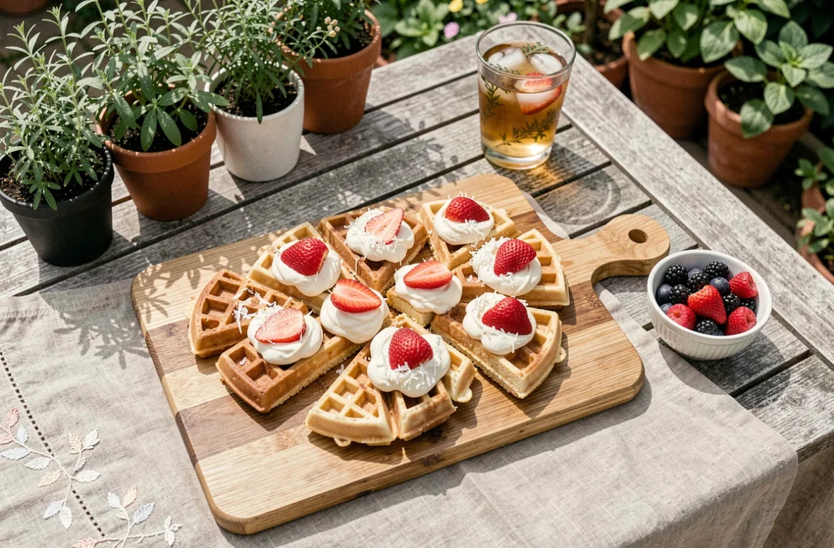 Plateau de gaufres sans lactose coupées en quartiers avec yaourt coco et fraises fraîches, servi en goûter sur une terrasse extérieure