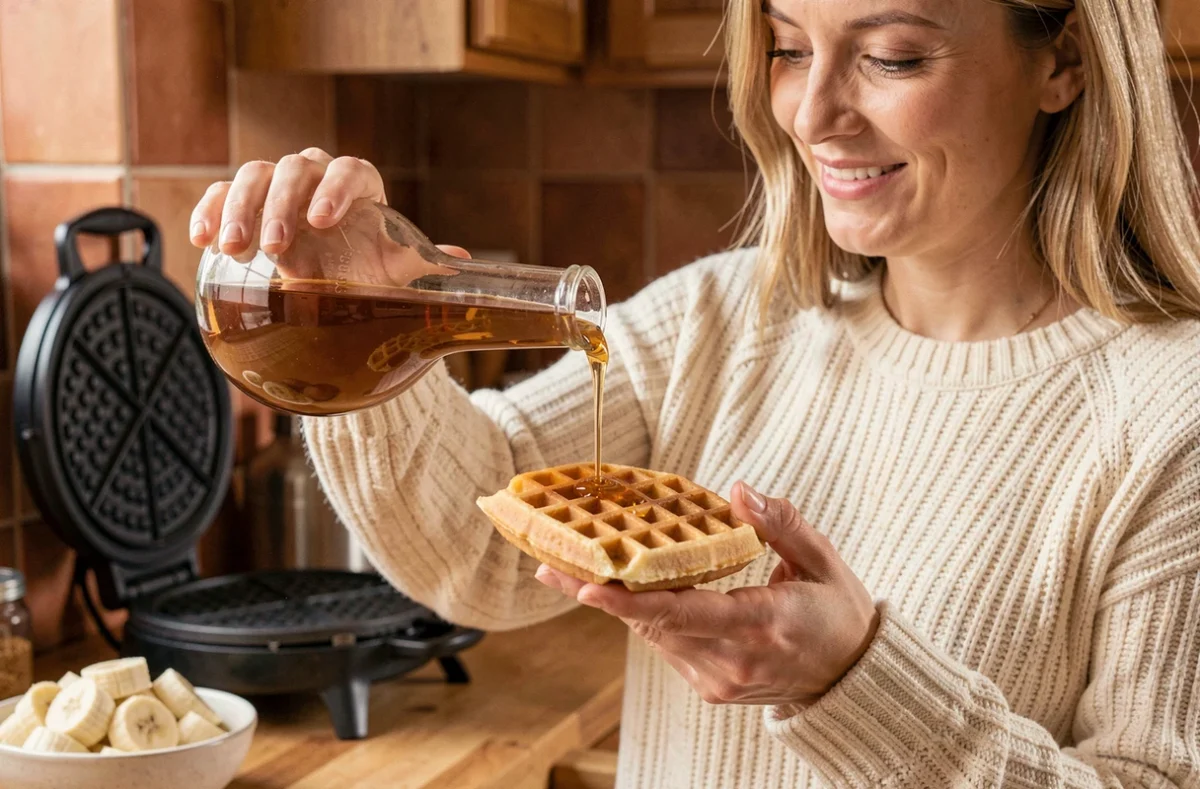Femme versant du miel sur une gaufre sans lactose faite maison dans une cuisine rustique avec gaufrier vintage