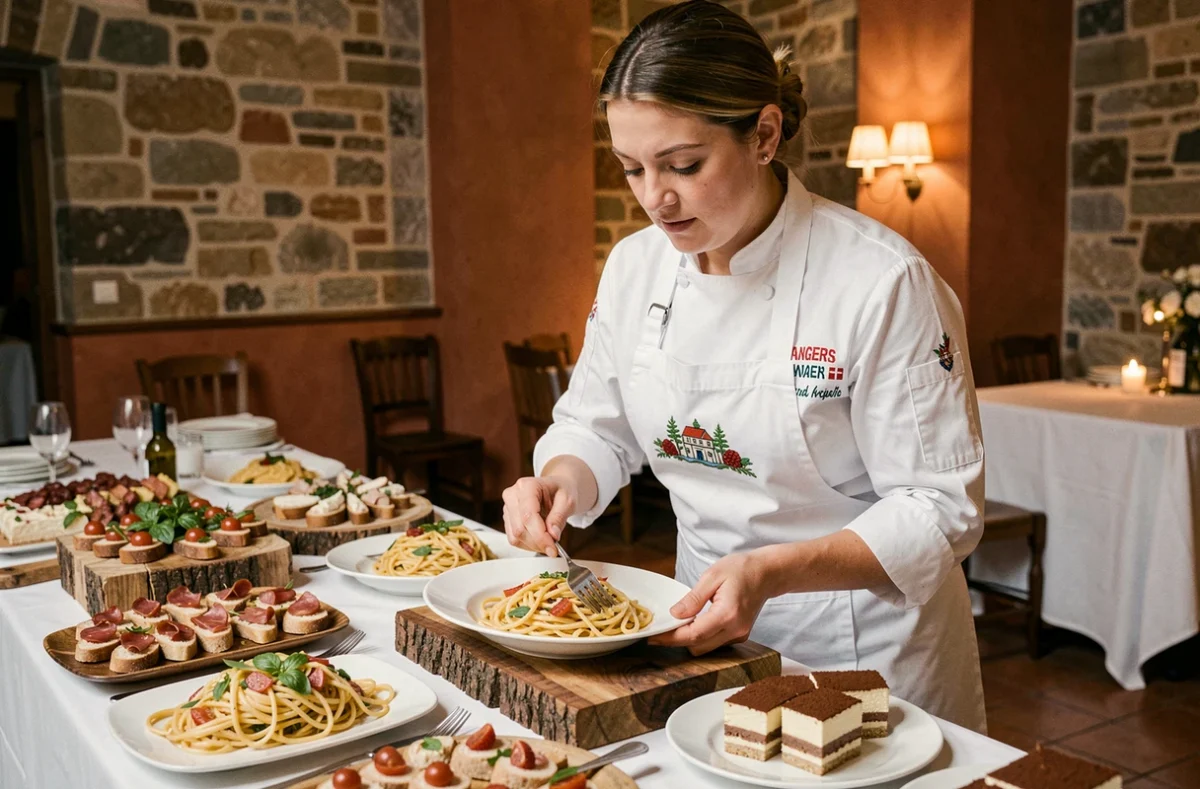 Chef traiteur présentant un buffet de cuisine italienne avec pâtes fraîches, antipasti et tiramisu dans une salle de réception à Angers