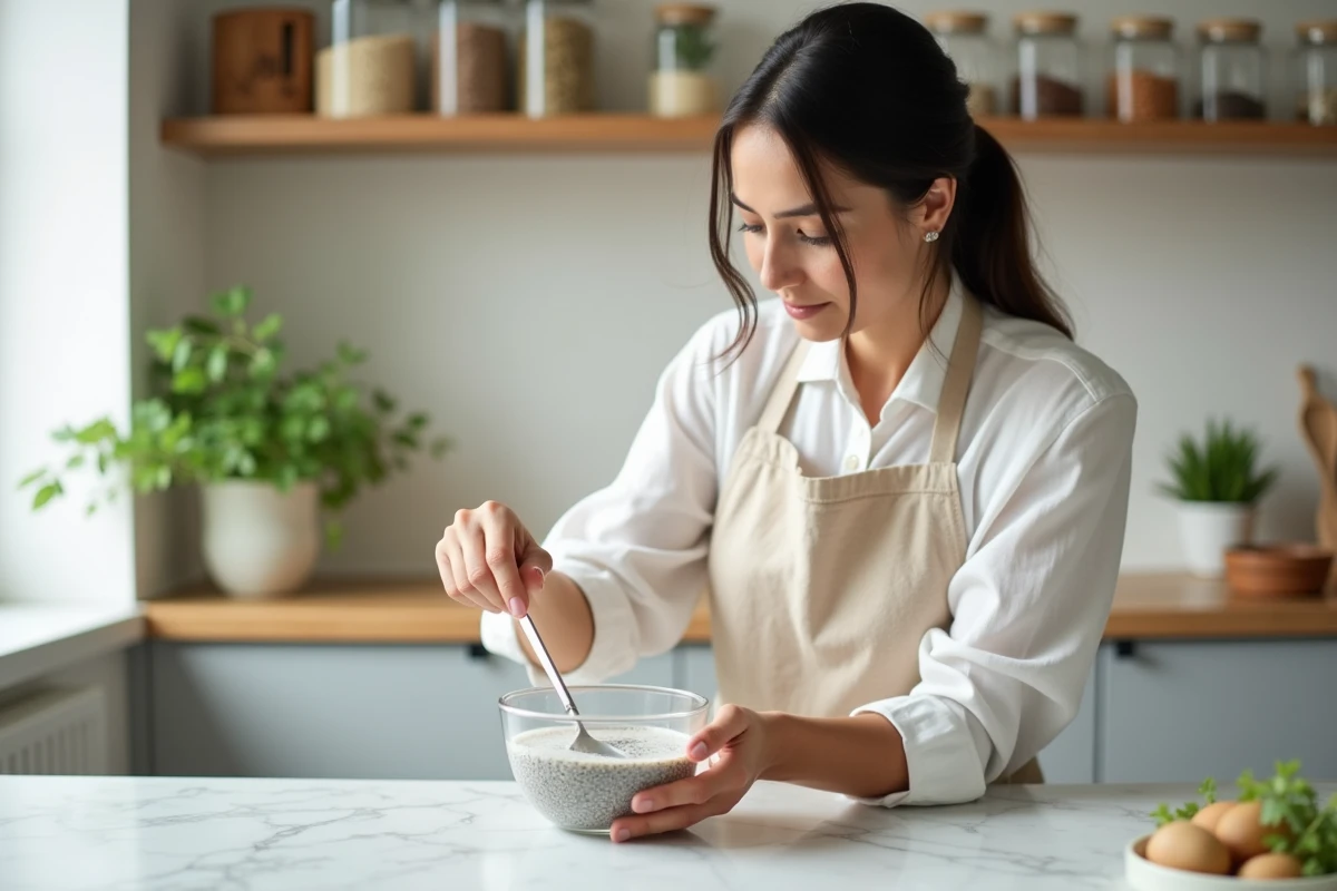 Femme préparant des graines de chia trempées dans du lait d'amande dans une cuisine moderne, idéal pour un estomac fragile