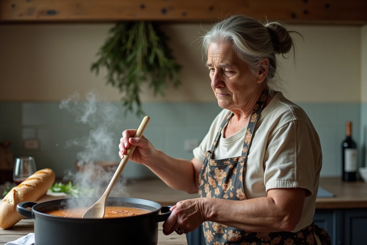Grand-mère en tablier floral remuant une potée traditionnelle avec une cuillère en bois dans une cuisine de campagne