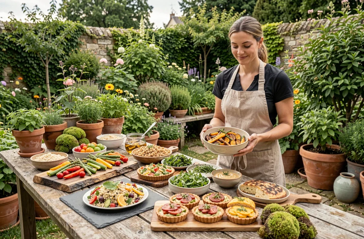 Table traiteur végétale colorée en plein air près d'Angers avec légumes rôtis, salades de céréales et tartes vegan sur ardoise et bois brut