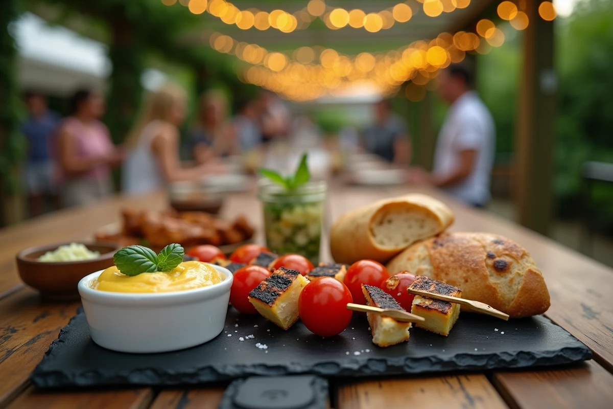 Gros plan sur des accompagnements raffinés pour barbecue lors d'un pique-nique chic au jardin, présentation sur ardoise