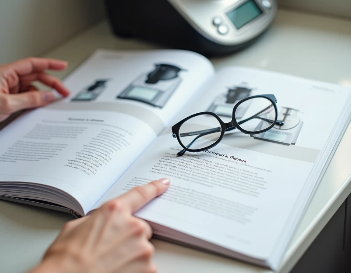 Gros plan sur le catalogue prix Vorwerk Thermomix ouvert sur un plan de travail avec lunettes et main indiquant une offre