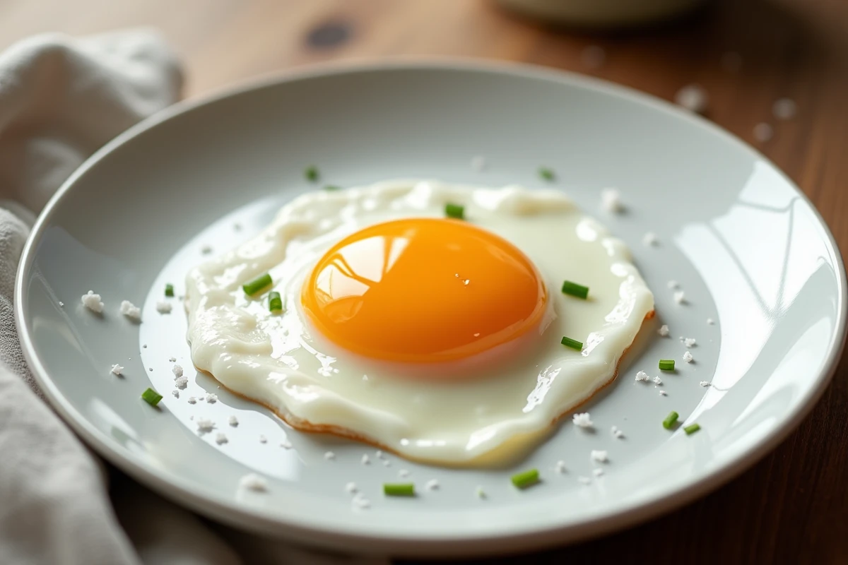Gros plan sur un œuf au plat parfaitement cuit, jaune brillant et intact, fleur de sel et ciboulette, illustrant la préservation des protéines à cuisson basse