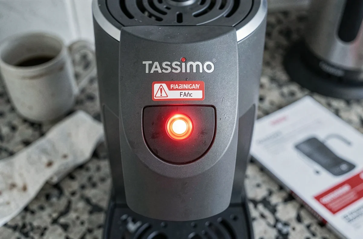 Gros plan sur le voyant rouge clignotant du panneau de commande d'une machine à café Tassimo Bosch signalant un détartrage nécessaire