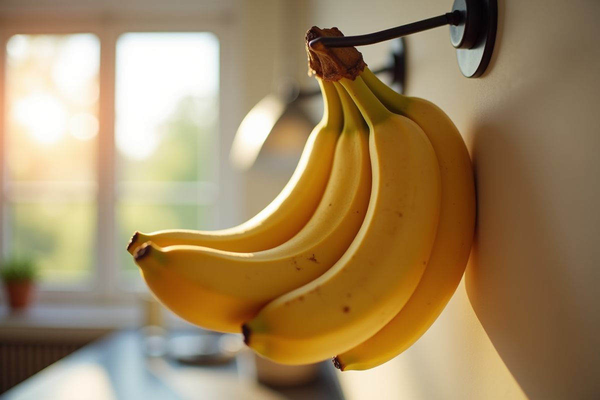 Groupe de bananes suspendues dans une cuisine moderne