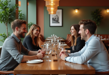 Salle de restaurant : meilleure couleur pour l’ambiance et la clientèle ! Groupe de quatre adultes discutant dans un restaurant moderne