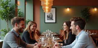 Salle de restaurant : meilleure couleur pour l’ambiance et la clientèle ! Groupe de quatre adultes discutant dans un restaurant moderne