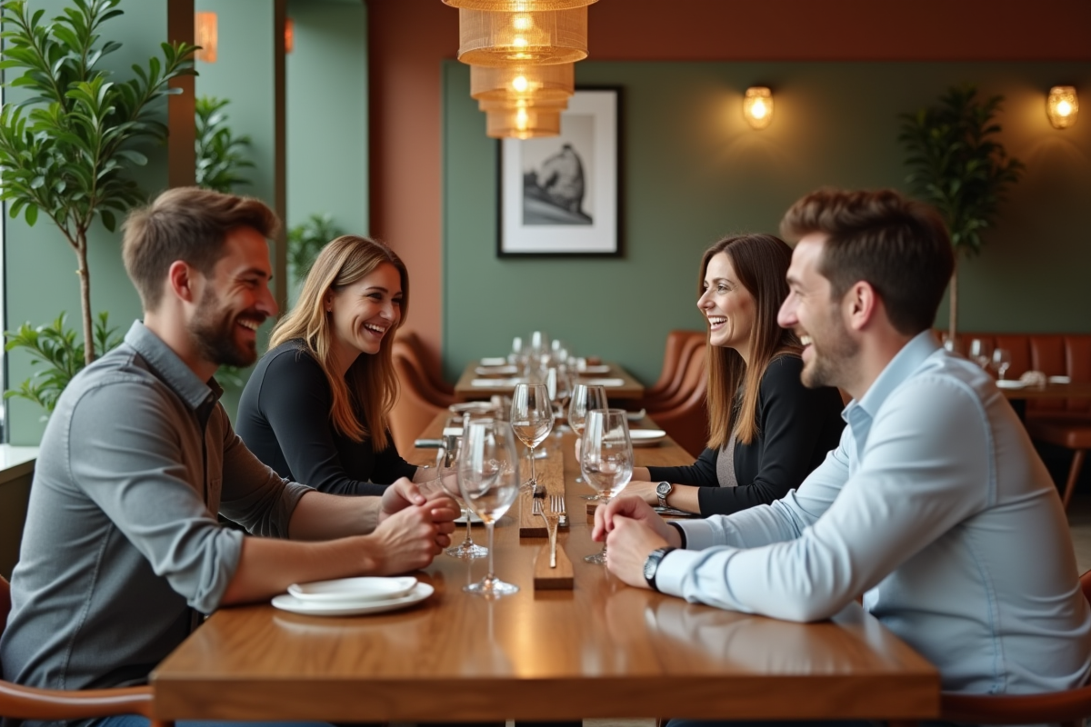 Groupe de quatre adultes discutant dans un restaurant moderne